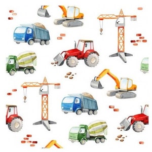 May include: A watercolor illustration of various construction vehicles, including a crane, a cement mixer, a tractor, and an excavator. The vehicles are painted in bright colors against a white background.