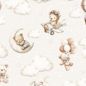 May include: A seamless pattern featuring light brown teddy bears in various activities against a cream background with white clouds and stars. One bear flies a small aeroplane, another sleeps on a crescent moon, and one holds a cluster of balloons.