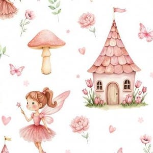 May include: A watercolour illustration with a fairy, mushroom, fairy house, flowers, and butterflies in pink and green on a white backdrop. The fairy holds a wand. The fairy house has a pink roof and a small flag.