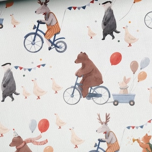 Pre-order jersey fabric sold by the meter 1.60 m wide cute animal parade bicycle balloon bear fox deer