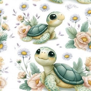 May include: A repeating pattern featuring cartoon sea turtles with large black eyes and teal shells, interspersed with light pink peonies, white daisies, and soft green foliage on a clean white background. The design displays a soft color palette.
