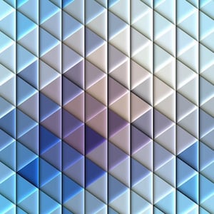 Könnte beinhalten: Abstraktes geometrisches Muster aus dreieckigen Fliesen in Blau-, Lila- und Beigetönen. Die Fliesen erzeugen einen 3D-Effekt mit unterschiedlichen Licht- und Schatteneffekten.
