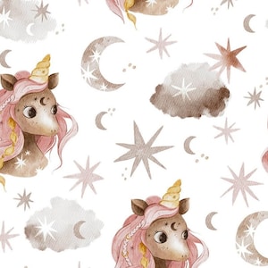 Pre-order breathable softshell with fleece fabric by the meter unicorn moon and stars