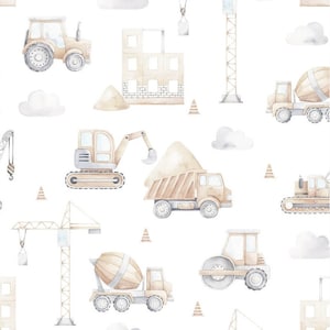 Pre-order Sweat Fabric French Terry Sold by the Meter 1.60 m wide Construction Site Construction Vehicles Pastel Beige White