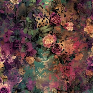 May include: A colourful floral pattern featuring pink, purple and yellow roses, green leaves and a leopard print background.
