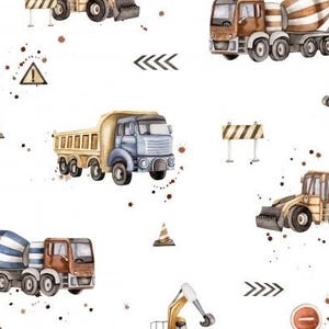 May include: Watercolor illustration of construction vehicles, including a dump truck, cement mixer, and excavator, on a white background. The design features a repeating pattern of trucks, road signs, and arrows, with brown paint splatters.