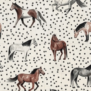 May include: A seamless pattern featuring watercolor illustrations of horses in various poses on a white background with black polka dots. The horses are brown, black, and white with brown, black, and white markings.