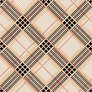 Op de afbeelding: Een naadloos patroon met een beige, zwart en rood ruitpatroon. Het patroon bestaat uit dunne, horizontale en verticale lijnen die elkaar kruisen om een raster te vormen. Het raster wordt vervolgens overlegd met een diagonaal ruitpatroon in zwart en rood.