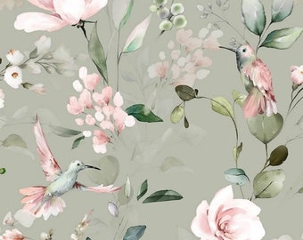 Cotton Floral Flowers Birds Hummingbird Eucalyptus Blue-green Woven Fabric Patchwork from 50 cm