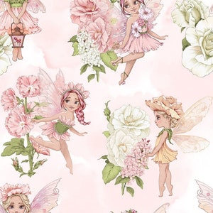 Pre-order Exclusive Premium Cotton Fabric Patchwork Sold by the Meter Cute Fairies Elves Flowers Roses
