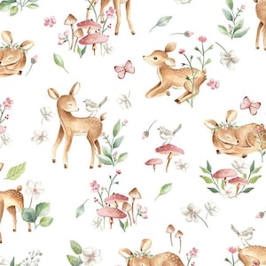 May include: A seamless pattern featuring watercolour illustrations of deer, mushrooms, flowers, and birds on a white background. The deer are in various poses, including standing, lying down, and looking up. The mushrooms are pink and white, and the flowers are pink and white. The birds are brown and white.