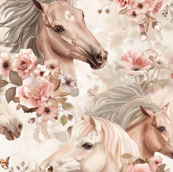 Vorbestellung Jersey Baumwolljersey Stoff Pferde Horse und Blüten