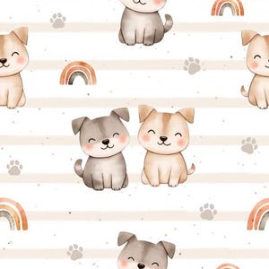 May include: A repeating pattern featuring watercolor illustrations of smiling puppies, paw prints, and rainbows. The puppies are in shades of gray and tan, set against a white background with light beige stripes. The overall design has a soft, whimsical feel.