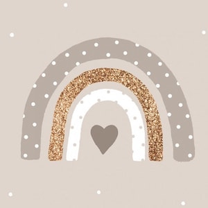 May include: A beige background with a rainbow made of three arches. The outer arches are grey with white polka dots. The middle arch is white with grey polka dots. The inner arch is gold glitter. A grey heart is in the centre of the rainbow.