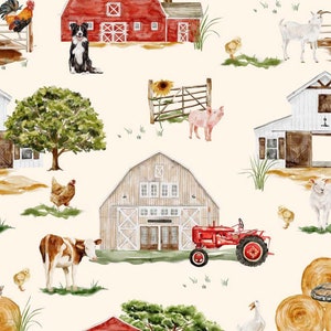 Op de afbeelding: Een aquarel-illustratie van een boerenscène met een rode tractor, een schuur, een koe, een varken, een geit, kippen en een hond. De achtergrond is licht crèmekleurig.