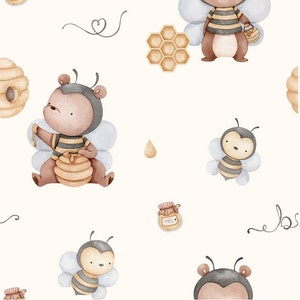 Op de afbeelding: Een naadloos patroon met aquarel illustraties van beren en bijen die verkleed zijn als honingbijen. Het patroon bevat honingraten, honingpotten en honingdruppels. De achtergrond is wit.