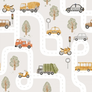 May include: A watercolor illustration of a children's road scene with various vehicles, including a school bus, a police car, a fire truck, a cement truck, a garbage truck, a taxi, a motorcycle, and a scooter. The road is winding and has trees and traffic lights along the way.