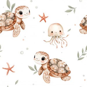 Könnte beinhalten: Ein nahtloses Muster mit Aquarell-Illustrationen von Meeresschildkröten, Quallen und Seesternen. Die Schildkröten haben braune Panzer mit weißen Blüten und braunen Flecken. Die Qualle ist hellrosa mit einem weißen Körper und rosa Tentakeln. Der Seestern ist orange.