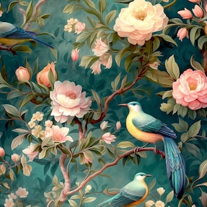 Può includere: Uno sfondo blu-verde con un motivo floreale con fiori rosa e foglie verdi. Due uccelli blu e gialli sono appollaiati sui rami dei fiori.