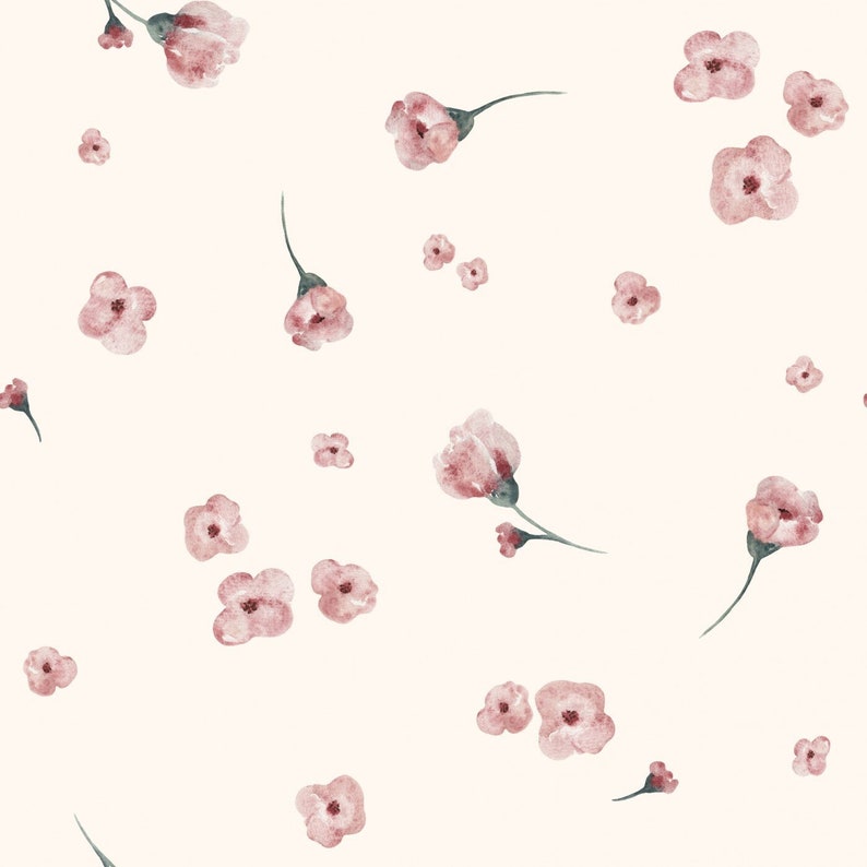 Exclusivo tejido de algodón de primera calidad con patchwork de flores dispersas al estilo campestre sobre fondo crema.