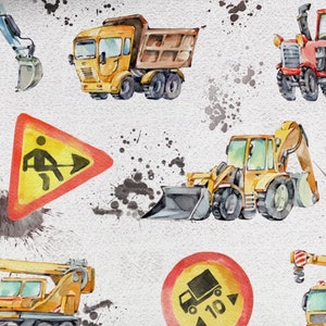 Vorbestellung Jersey Stoff Meterware 1,65 m breit Baustelle Fahrzeuge Bagger Kran Kipper