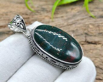 Pendentif Argent 925 & Jaspe Sang - Fait Main En Inde | Bijou Pierre Naturelle Sans Nickel
