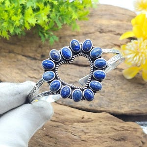Brazalete de plata con lapislázuli, brazalete de plata de ley 925, joyería de piedra preciosa azul, brazalete abierto ajustable, pulsera de lapislázuli, regalo de aniversario