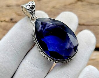 Blå safir ädelstenshänge, 925 sterlingsilverhänge, handgjort hänge, blå safir droppformad hänge, boho halsband present till henne