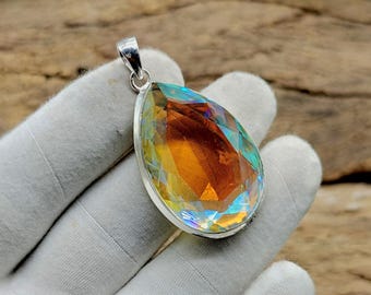 Engel Aura Quarz Teardrop Anhänger, 925 Sterling Silber Anhänger, handgefertigter Anhänger, Regenbogen Quarz Anhänger, Silberkette, Geschenke für Mutter