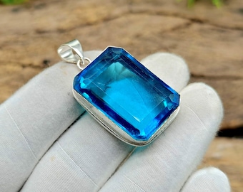 Swiss Blue Topaz Pendant 925 Sterling Silver Jewelry Pendant Blue Topaz Gemstone Pendant Handmade Blue Topaz Jewelry Gift For Her Mother