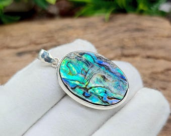 Abalone Muschel Edelstein Silber Halskette - 925 Sterling Silber Anhänger - Handgemachter Schmuck - Abalone Muschel Anhänger Jahrestag Geschenke für Frau