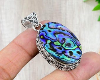 Abalone Muschel Edelstein Halskette - Handgemachter 925 Sterling Silber Anhänger - Abalone Muschel Schmuck - Abalone Muschel Silber Anhänger Geschenk für Frauen