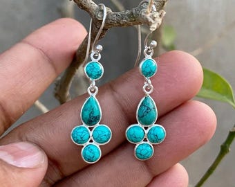 Turquoise Pendant Earrings, Sterling Silver Earrings, Genuine