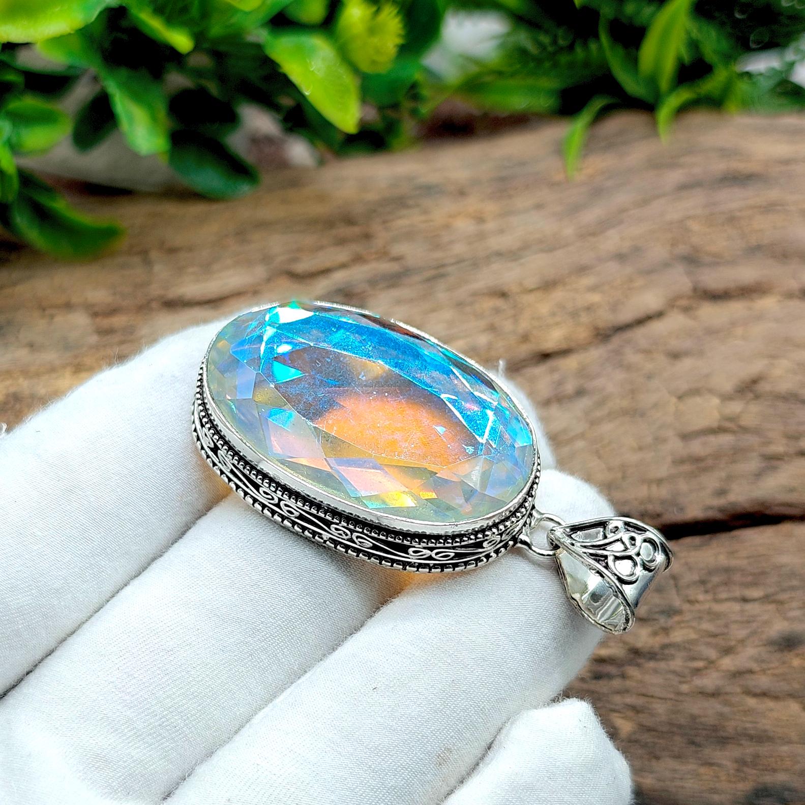 専用リング Mystic Rainbow Topaz Pendant-925 Sterling Silver Jewelry-handmade