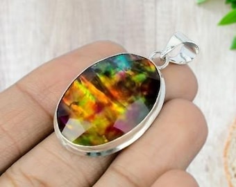 Pendentif ammolite pierre précieuse - Pendentif en argent sterling 925 - Pendentif fait main - Ammolite argent pendentif décent bijoux cadeau d'anniversaire pour l'amour