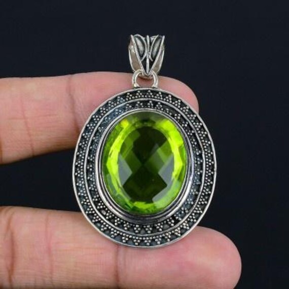 グリーンペリドットクォーツペンダント、925スターリングシルバー