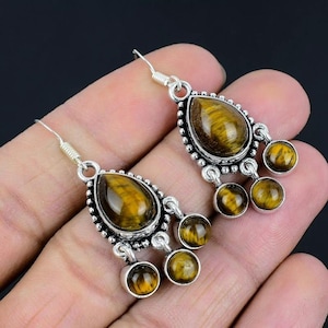 Tiger&#39;s Eye Gemstone Handmade 925 Sterling Silver Earrings, Beautiful Teardrop Tiger&#39;s Eye Gemstone Earring Birthday Earring Gift For Women