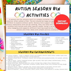 May include: A printable guide for Autism sensory bin activities. The guide includes a list of sensory bin fillers such as rice, pasta, and kinetic sand. It also lists sensory bin enhancements like literacy and math tools. The words "Instant Download" are in a red circle.