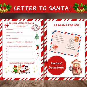 Carta a Papá Noel / Carta para Papá Noel / Carta para niños / Carta imprimible / Descarga instantánea / Sobre / Lista de deseos navideños