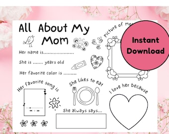 All About My Mom Printable, Mother's Day Activity Page (Digital Download)