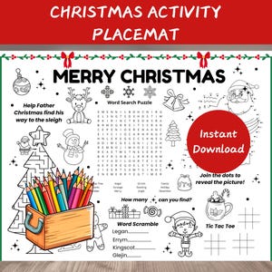 Christmas Activity Placemat, Christmas Colouring Page, Christmas Activity Printable, Kids Christmas Party Table Activity, Printable
