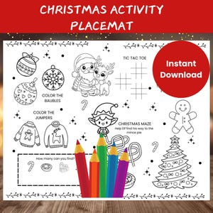 Christmas Activity Placemat, Christmas Colouring Page, Christmas Activity Printable, Kids Christmas Party Table Activity, Printable
