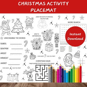 Christmas Activity Placemat, Christmas Colouring Page, Christmas Activity Printable, Kids Christmas Party Table Activity, Printable