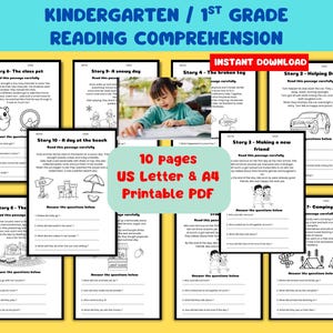 First Grade Reading Comprehension Worksheets Printable, Homeschool Learn at Home, 1st Grade Kindergarten Early reading, Instant Download PDF