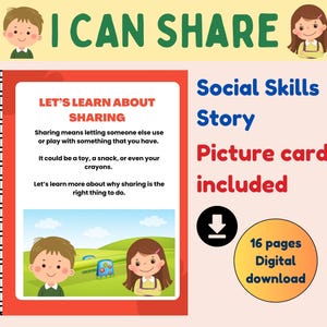May include: A red and white illustrated book cover with the title "Let's Learn About Sharing". The cover features two children sharing toys in a park setting. The book is a social skills story with picture cards included. The book is available as a 16-page digital download.