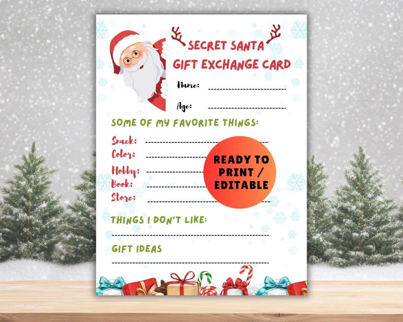 Secret Santa Gift Exchange Cards Printable - Christmas Gift Wish List ...
