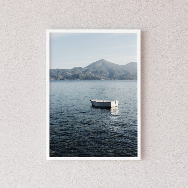 Boat on Blue Water Digital Print, Calm Peaceful Sea Poster, Greek Island Seaside, Europe Travel Photo, Office Wall Art, Instant Download