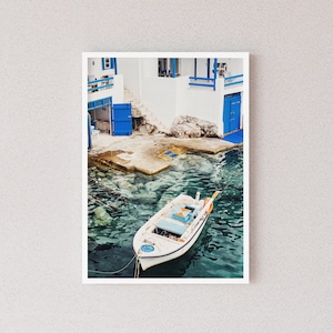 Fishing Boat Greece Digital Print, White Fishing Village Poster, Greek Island Travel Photography, Coastal Wall Art, Instant Download