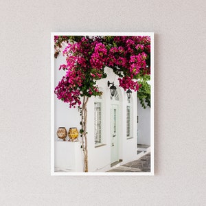 Impresión digital de las Cícladas, Grecia, decoración de pared con buganvillas, póster de isla griega, foto de flores rosas de la Casa Blanca, descarga instantánea