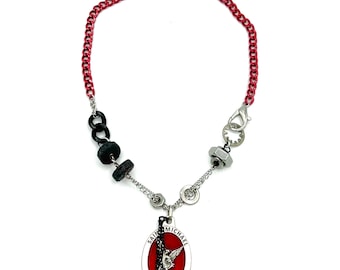 Metal of Man ~ Archangel Michael Pendant, Stainless Steel Hardware, Lava, Red Chain
